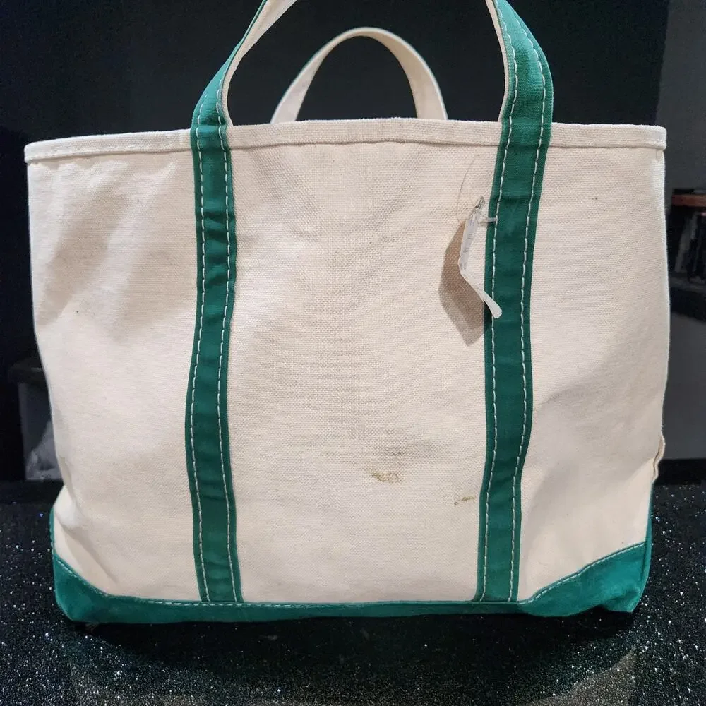 VTG 80s LL Bean Boat &‎ Tote Sawtooth Canvas Bag Ivory Green Trim NWT L Large - Picture 3 of 14